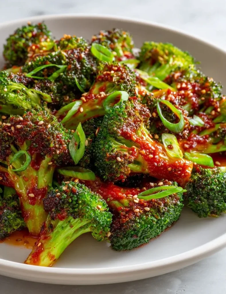 Plate of Gochujang Roasted Broccoli garnished with sesame seeds