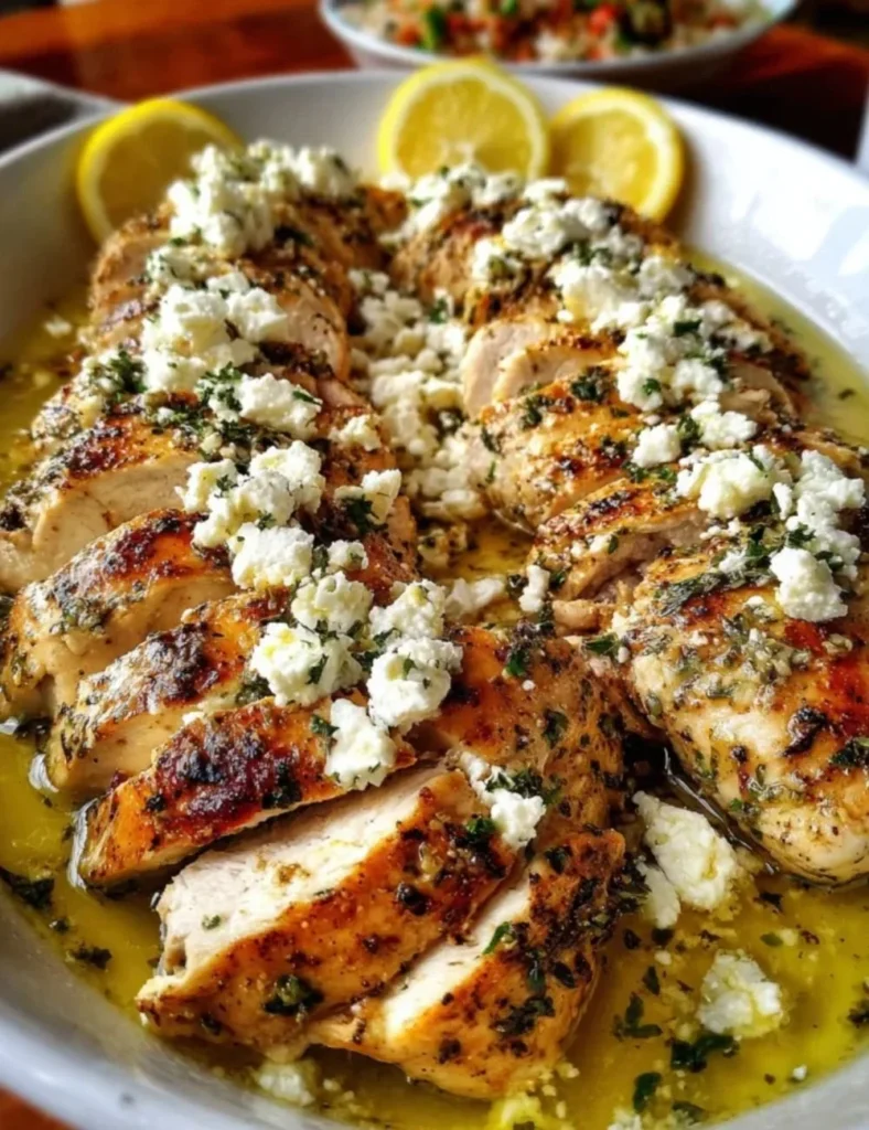 Greek chicken dish with lemon and feta cheese garnished with herbs
