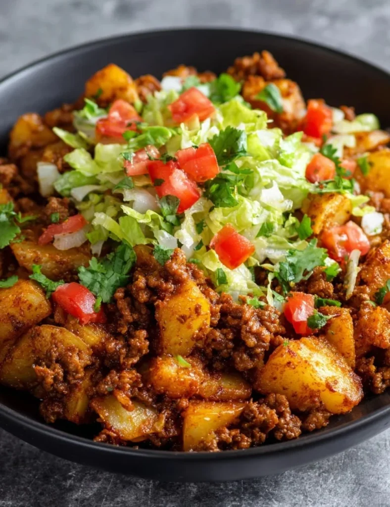 Ground Beef and Potato Taco Bowl served in a colorful dish with toppings