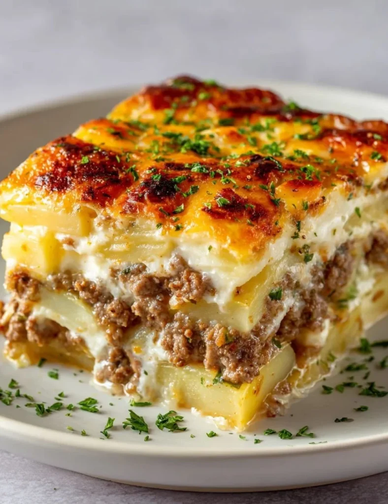 Delicious Ground Beef Potato Casserole with layers of flavor and cheese.