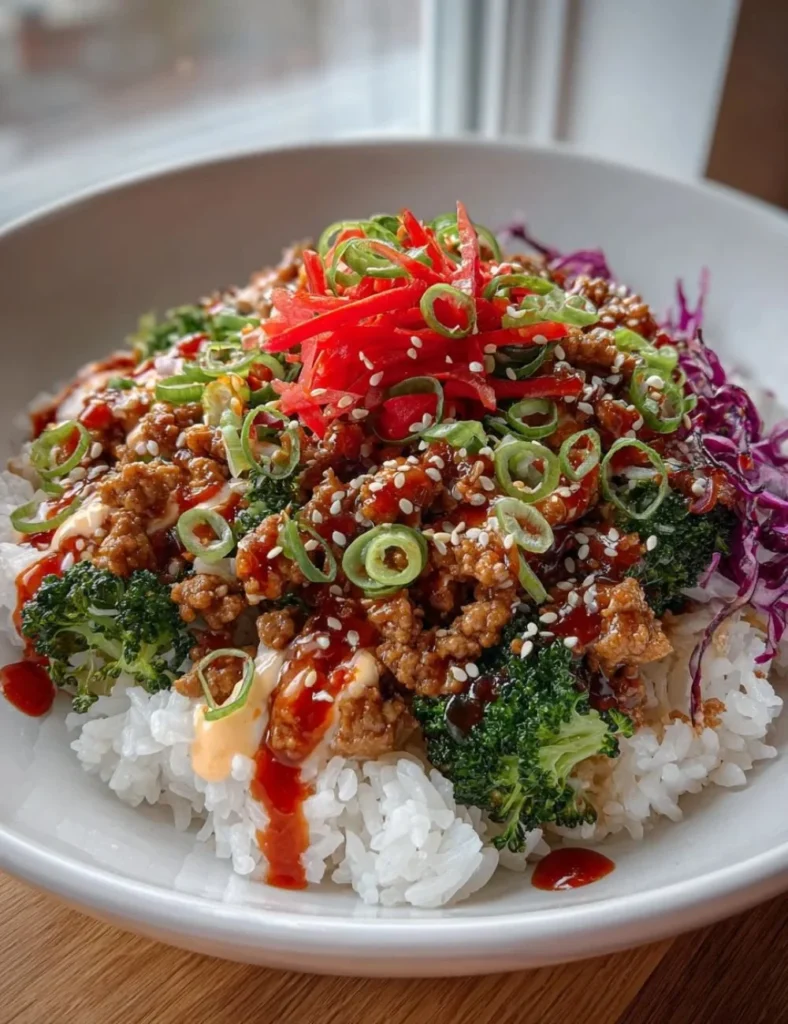 Ground turkey rice bowls topped with Bang Bang sauce, garnished with green onions.