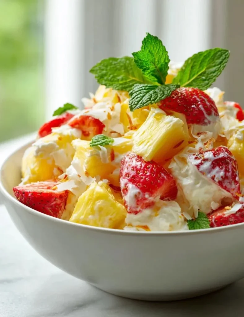 Hawaiian Cheesecake Salad with tropical fruits and creamy texture