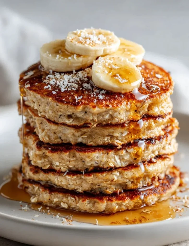 Delicious healthy banana oatmeal pancakes stacked on a plate with syrup.