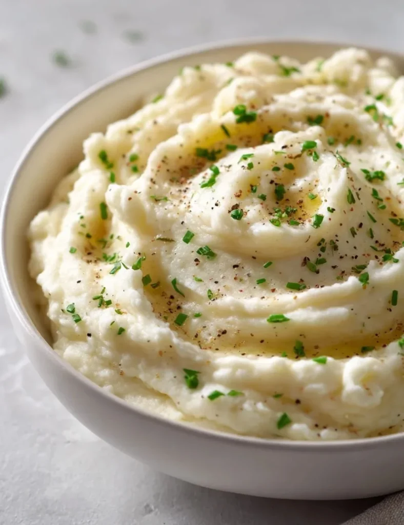 Bowl of healthy cauliflower mashed potatoes garnished with herbs