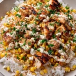Healthy Street Corn Chicken Rice Bowl topped with fresh ingredients and vibrant colors.