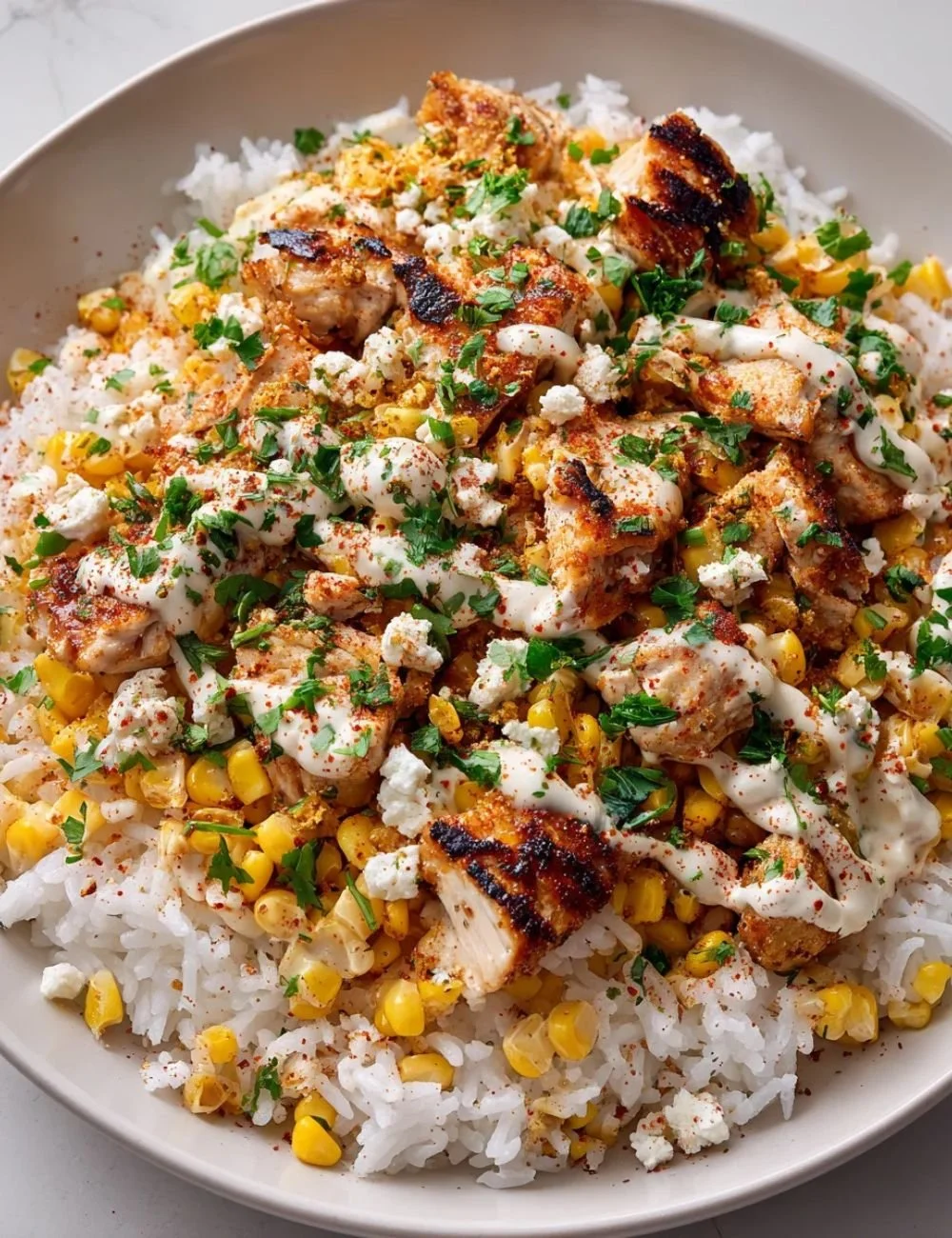 Healthy Street Corn Chicken Rice Bowl topped with fresh ingredients and vibrant colors.