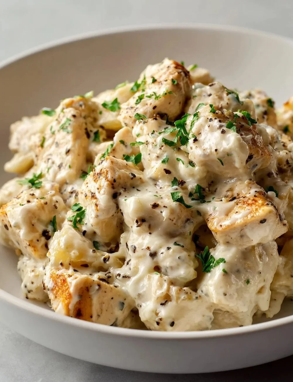 High protein chicken alfredo bake dish served in a white bowl with parsley garnish