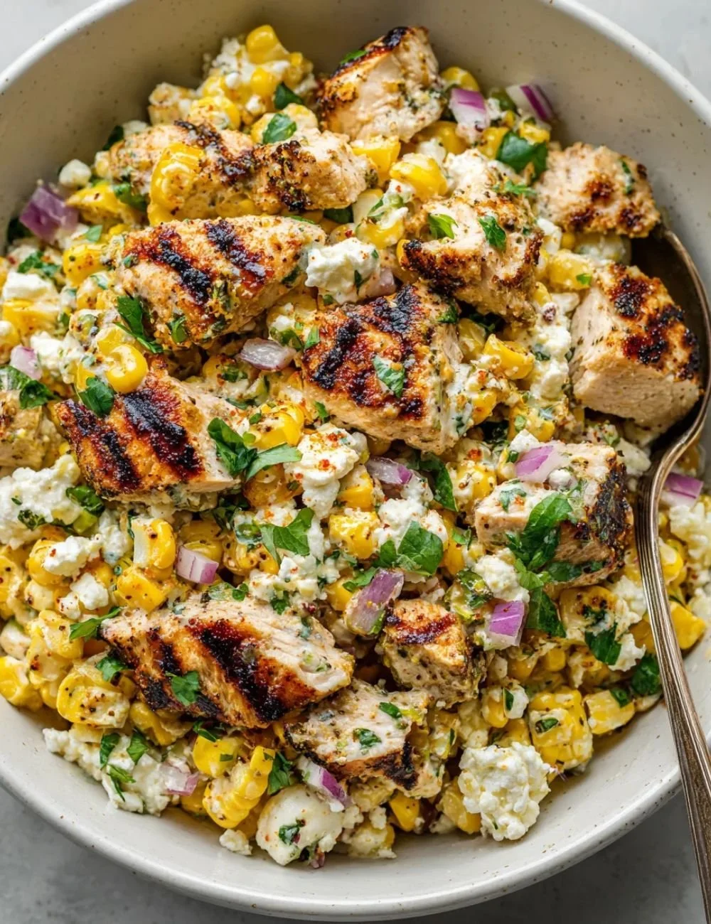 High Protein Chicken Salad with street corn, a nutritious and delicious meal
