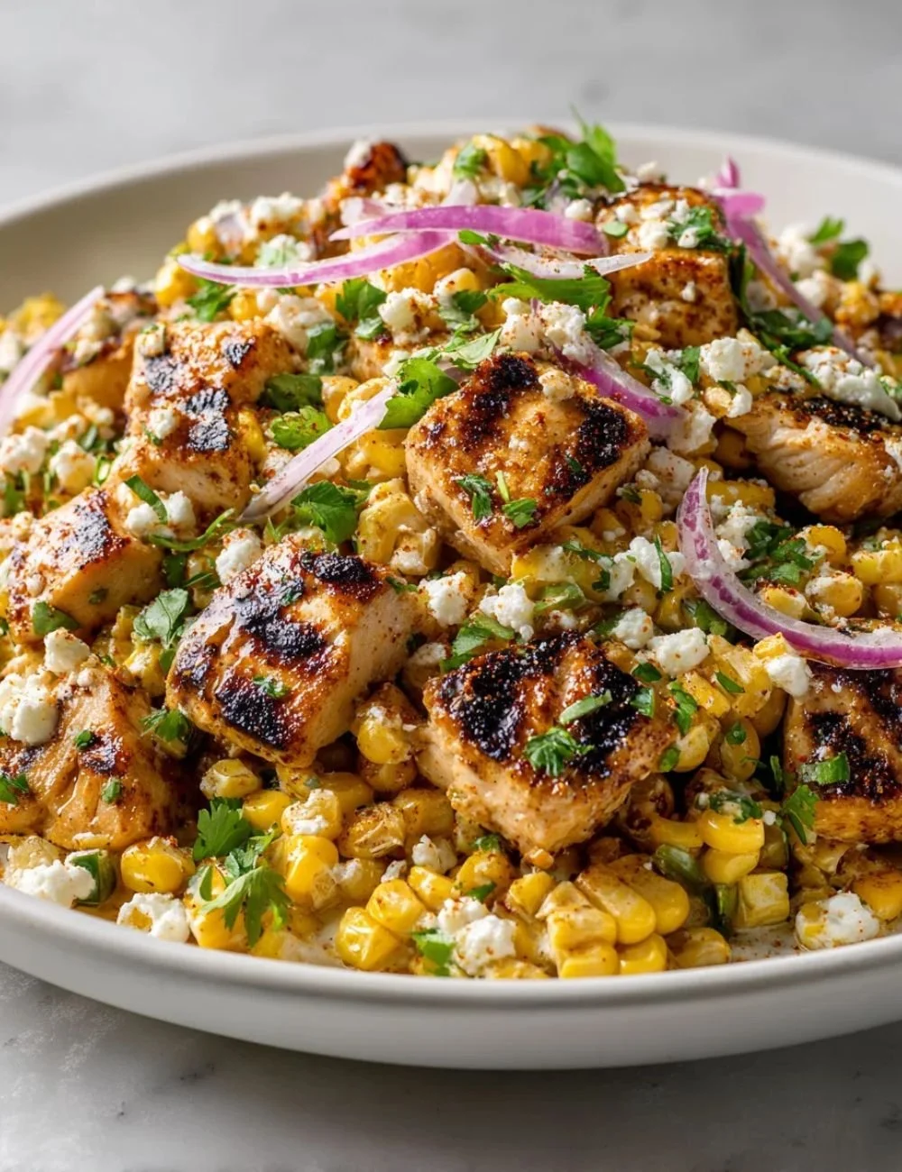 High protein chicken street corn salad topped with fresh herbs and spices.