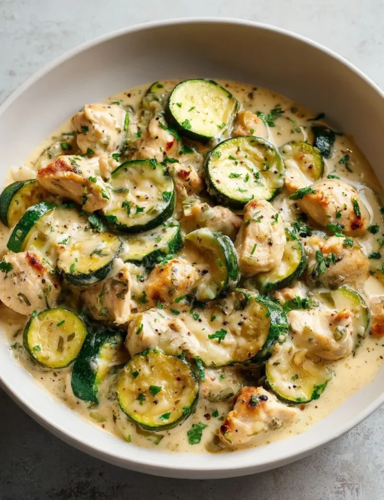 High protein chicken zucchini bake served in a dish with melted cheese on top.