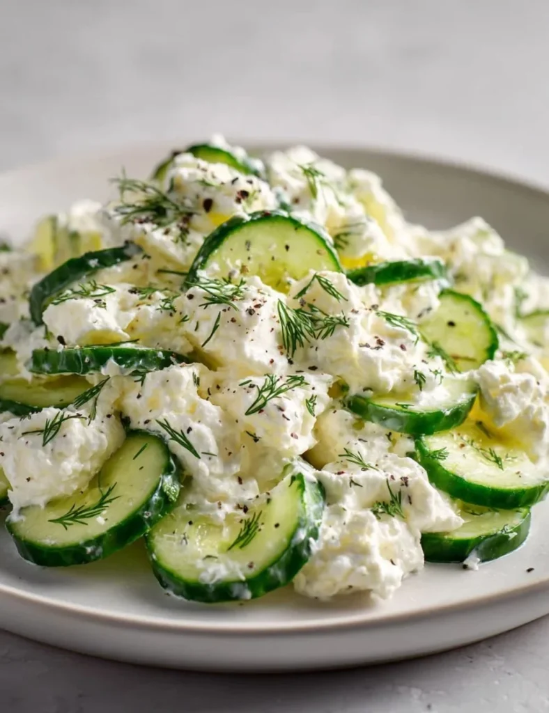 High protein creamy cucumber salad with fresh ingredients in a bowl