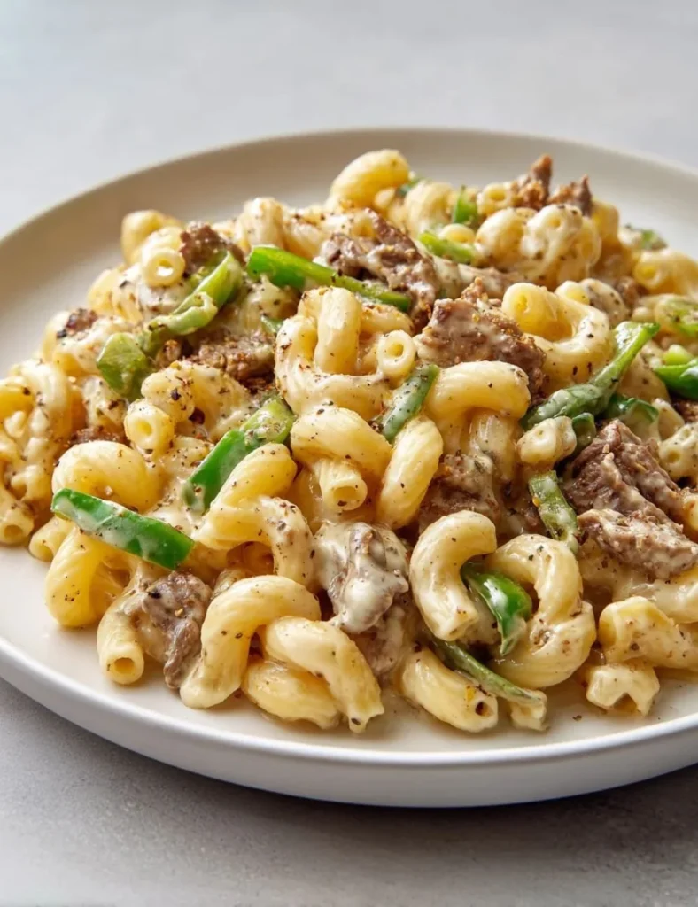 Creamy Philly cheesesteak mac cheese topped with melted cheese and steak.
