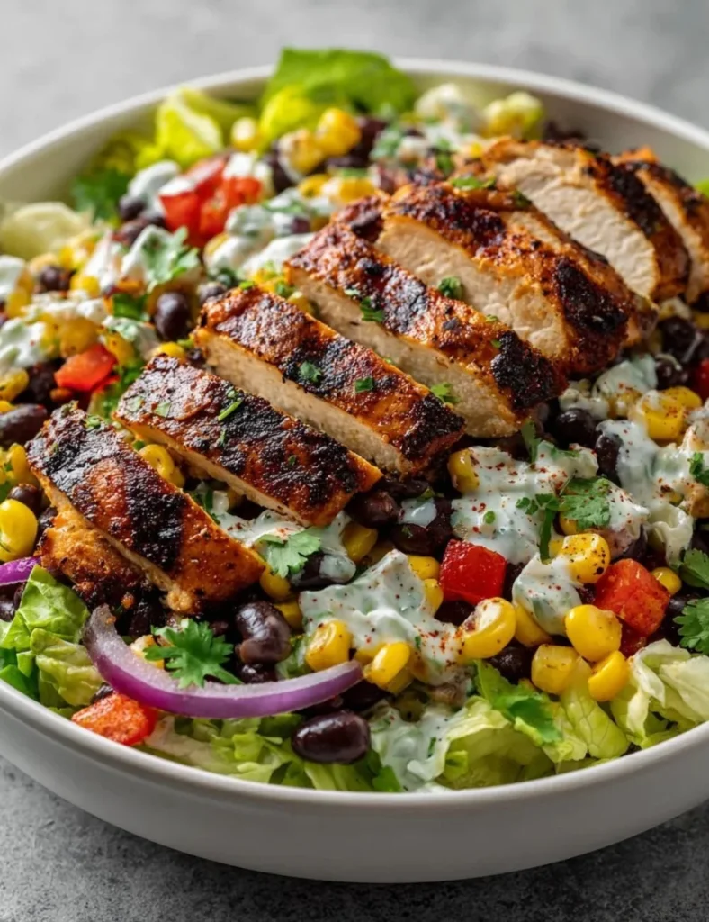 Colorful high protein salads with fresh ingredients and toppings.