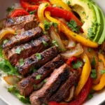 High protein steak fajita bowl with colorful vegetables and spices