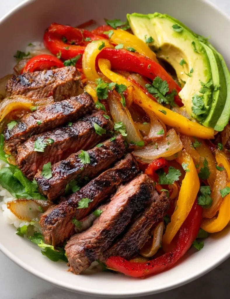 High protein steak fajita bowl with colorful vegetables and spices