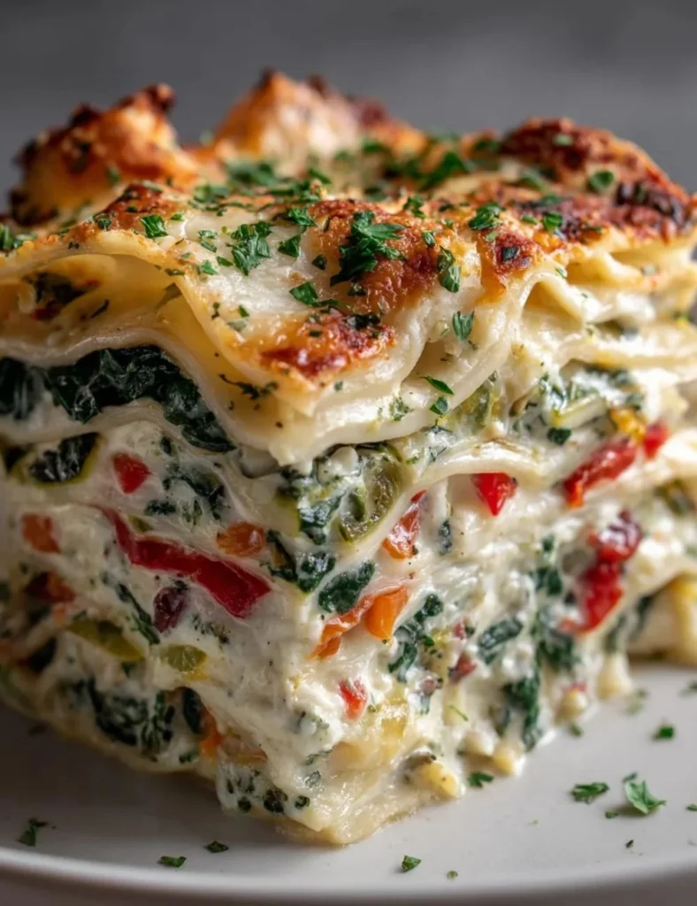 High protein veggie lasagna with layers of vegetables and cheese