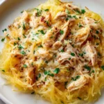 Delicious chicken spaghetti squash topped with herbs and spices.