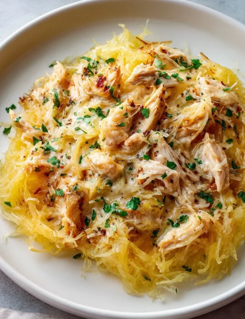 Delicious chicken spaghetti squash topped with herbs and spices.