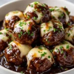Delicious beef meatballs simmering in French onion gravy in a crock pot.
