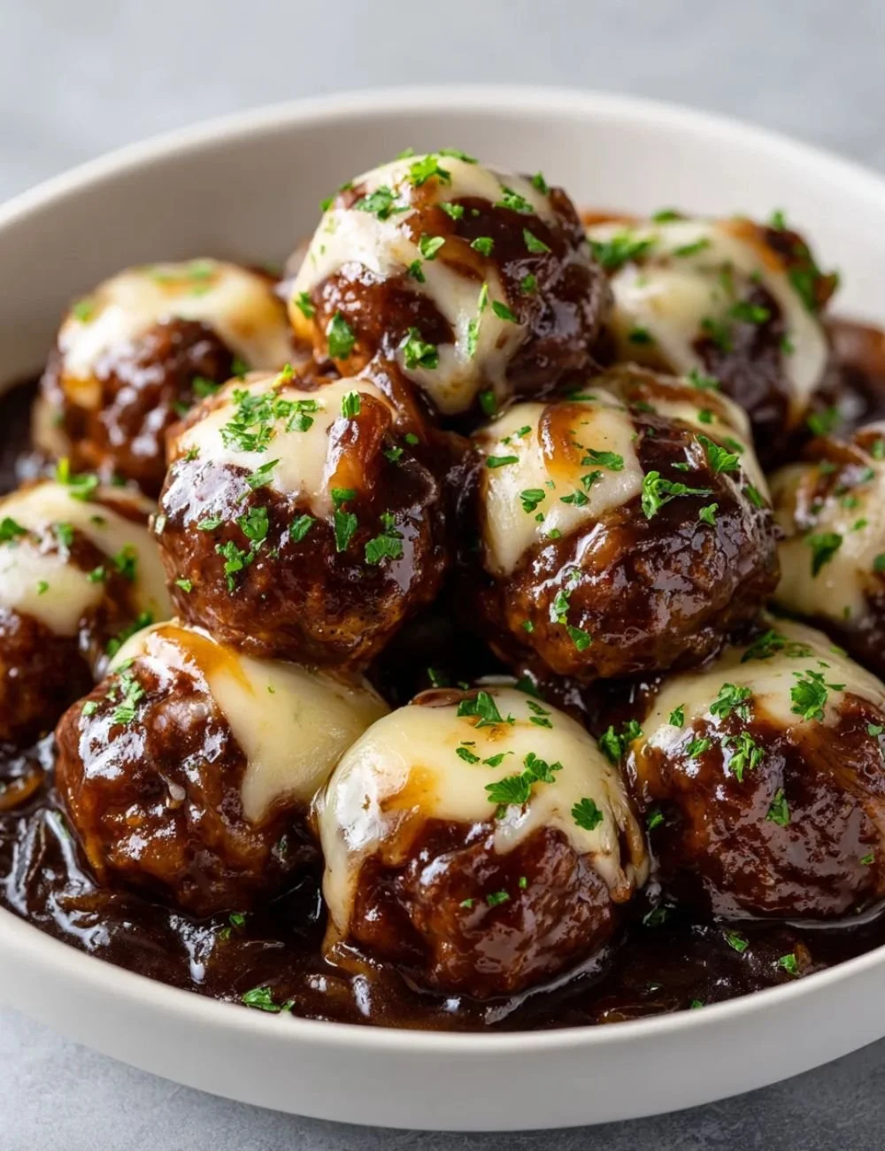 Delicious beef meatballs simmering in French onion gravy in a crock pot.