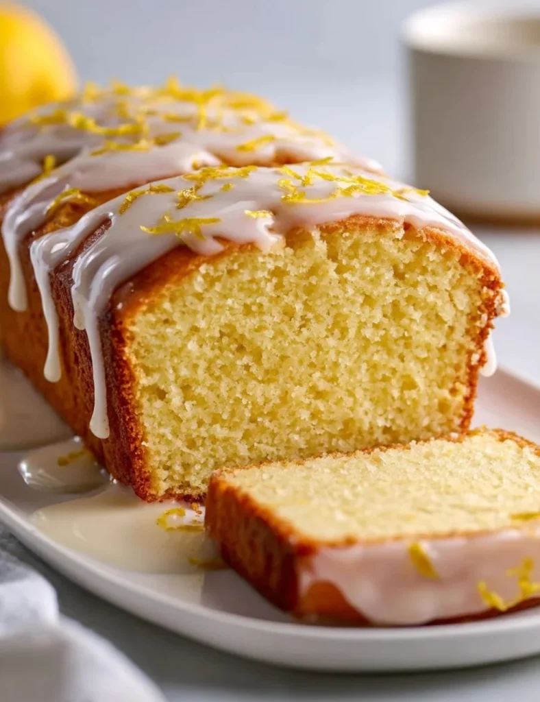 Delicious Greek Yogurt Lemon Loaf Cake on a plate with lemon slices.