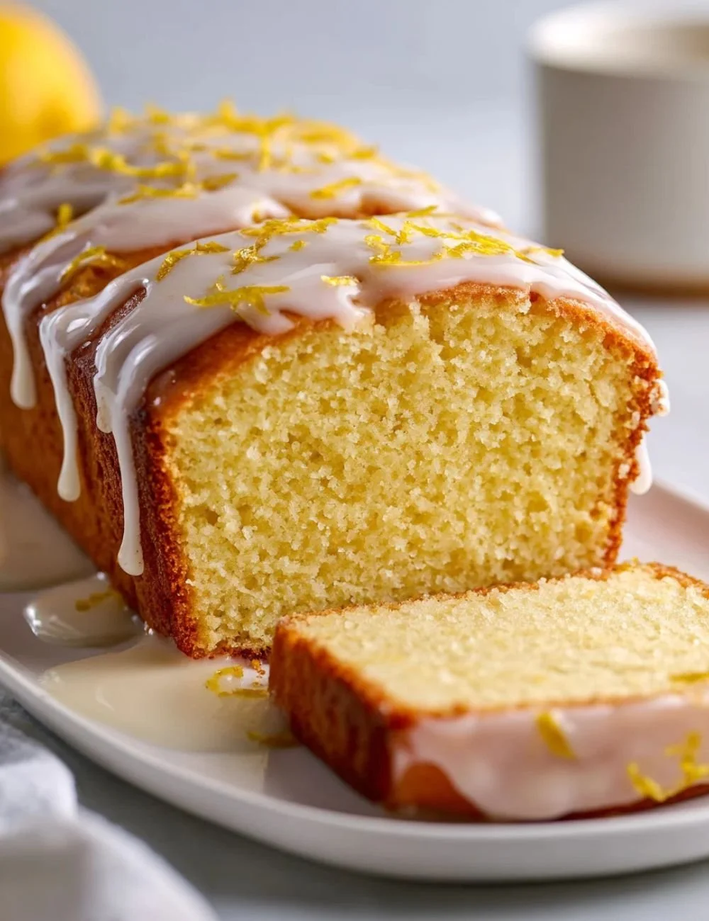 Delicious Greek Yogurt Lemon Loaf Cake on a plate with lemon slices.