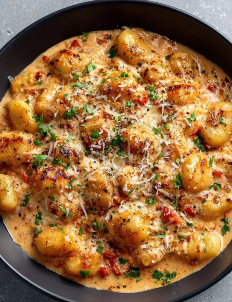 Delicious plate of millionaire gnocchi topped with herbs and cheese