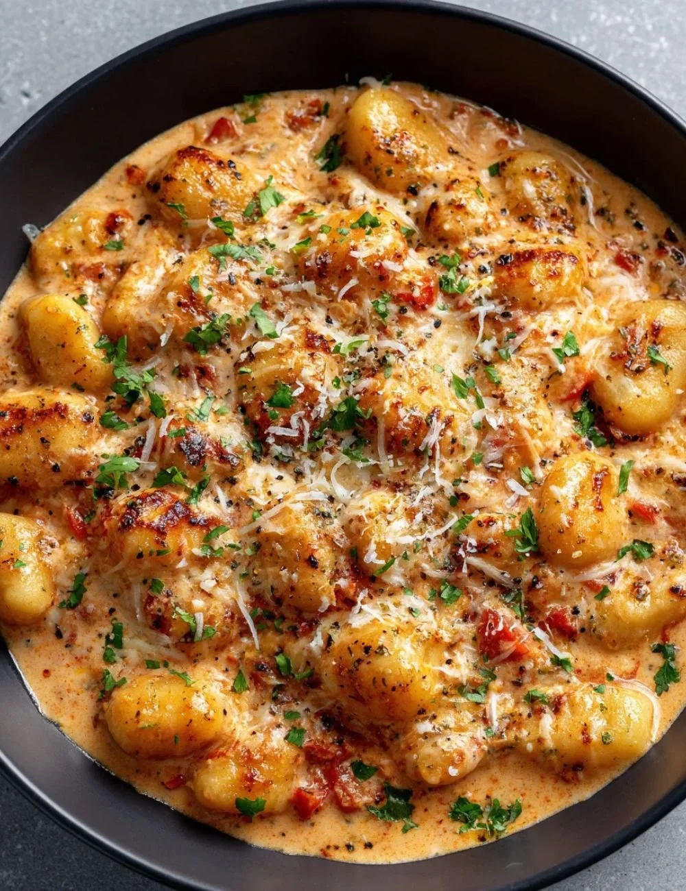 Delicious plate of millionaire gnocchi topped with herbs and cheese