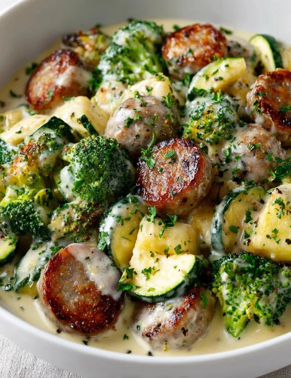 Keto Broccoli and Cauliflower Au Gratin with Sausage dish on a plate