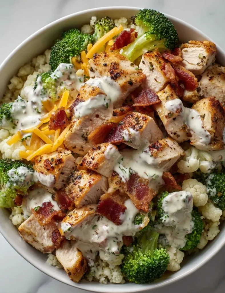 Delicious Keto Chicken Beef Bacon Ranch Bowl with fresh ingredients