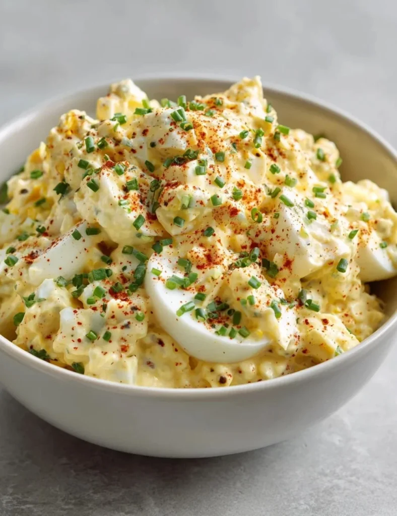 A bowl of delicious Keto Deviled Egg Salad garnished with fresh herbs