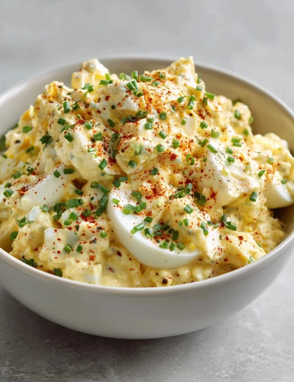 A bowl of delicious Keto Deviled Egg Salad garnished with fresh herbs