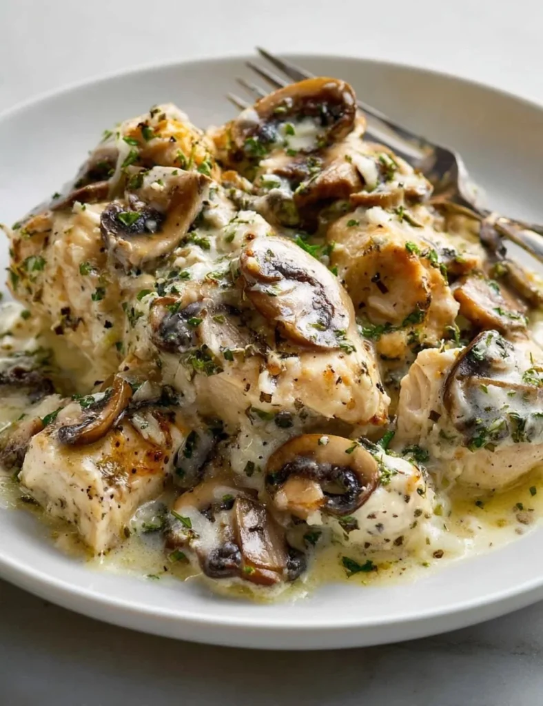 Keto Garlic Mushroom Chicken Casserole topped with cheese and fresh herbs