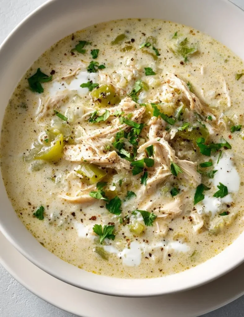 Bowl of Keto White Chicken Chili topped with cilantro and avocado