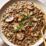 Delicious Lentil Mushroom Stroganoff served in a bowl with herbs