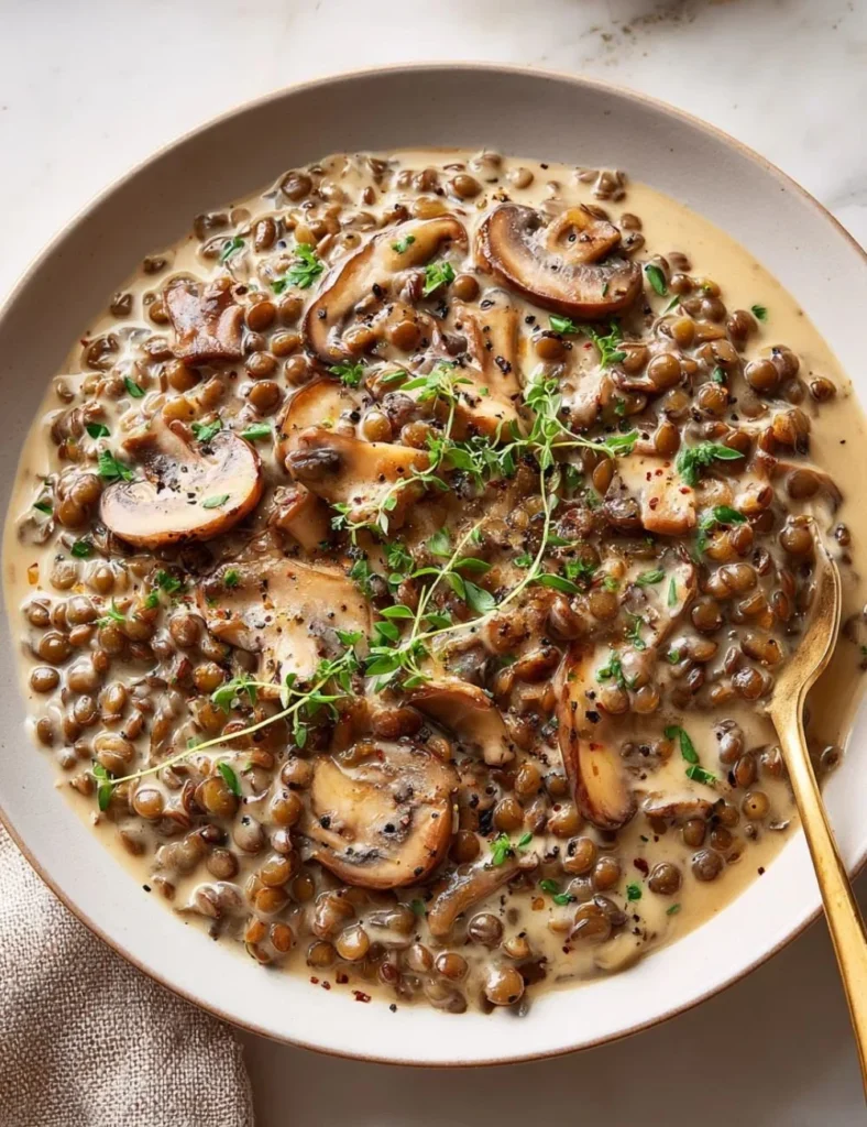 Delicious Lentil Mushroom Stroganoff served in a bowl with herbs