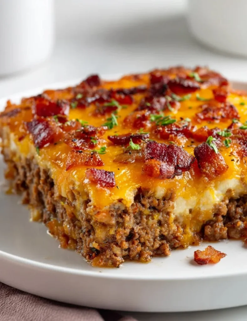 Low Carb Beef Bacon Cheeseburger Casserole in a baking dish
