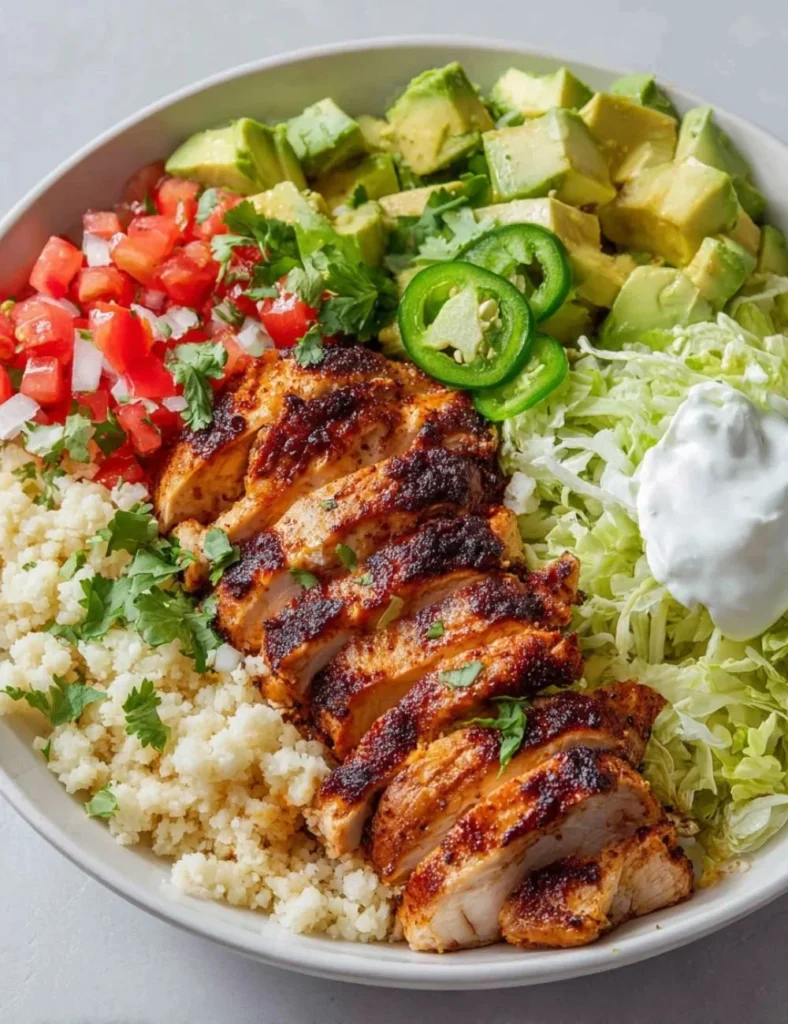 Healthy low carb burrito bowl with fresh vegetables and protein