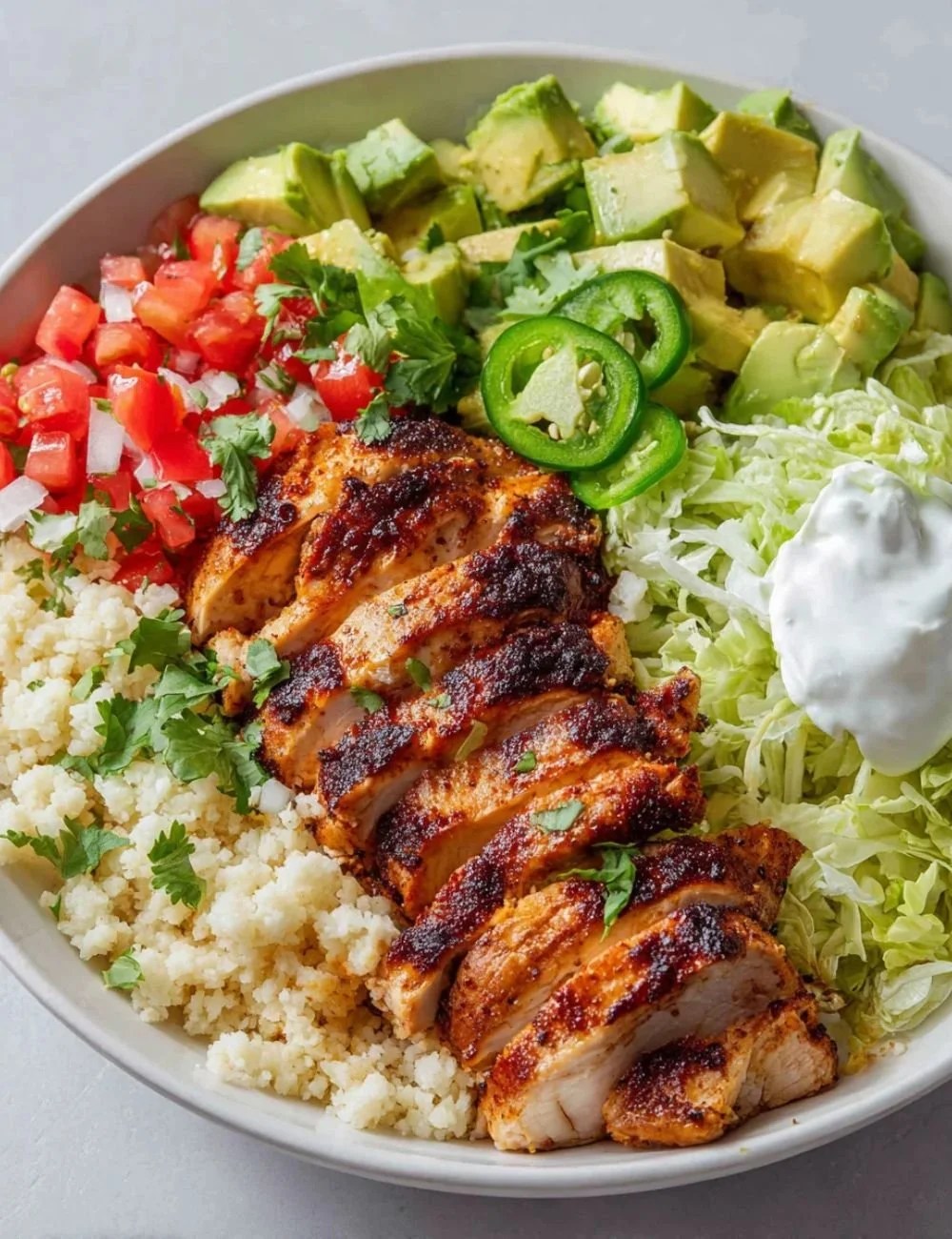 Healthy low carb burrito bowl with fresh vegetables and protein