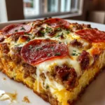 Low Carb Keto Crustless Pizza Casserole with cheese and toppings