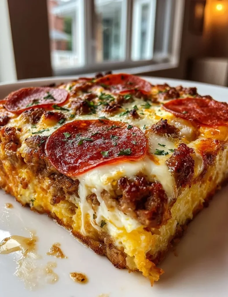 Low Carb Keto Crustless Pizza Casserole with cheese and toppings