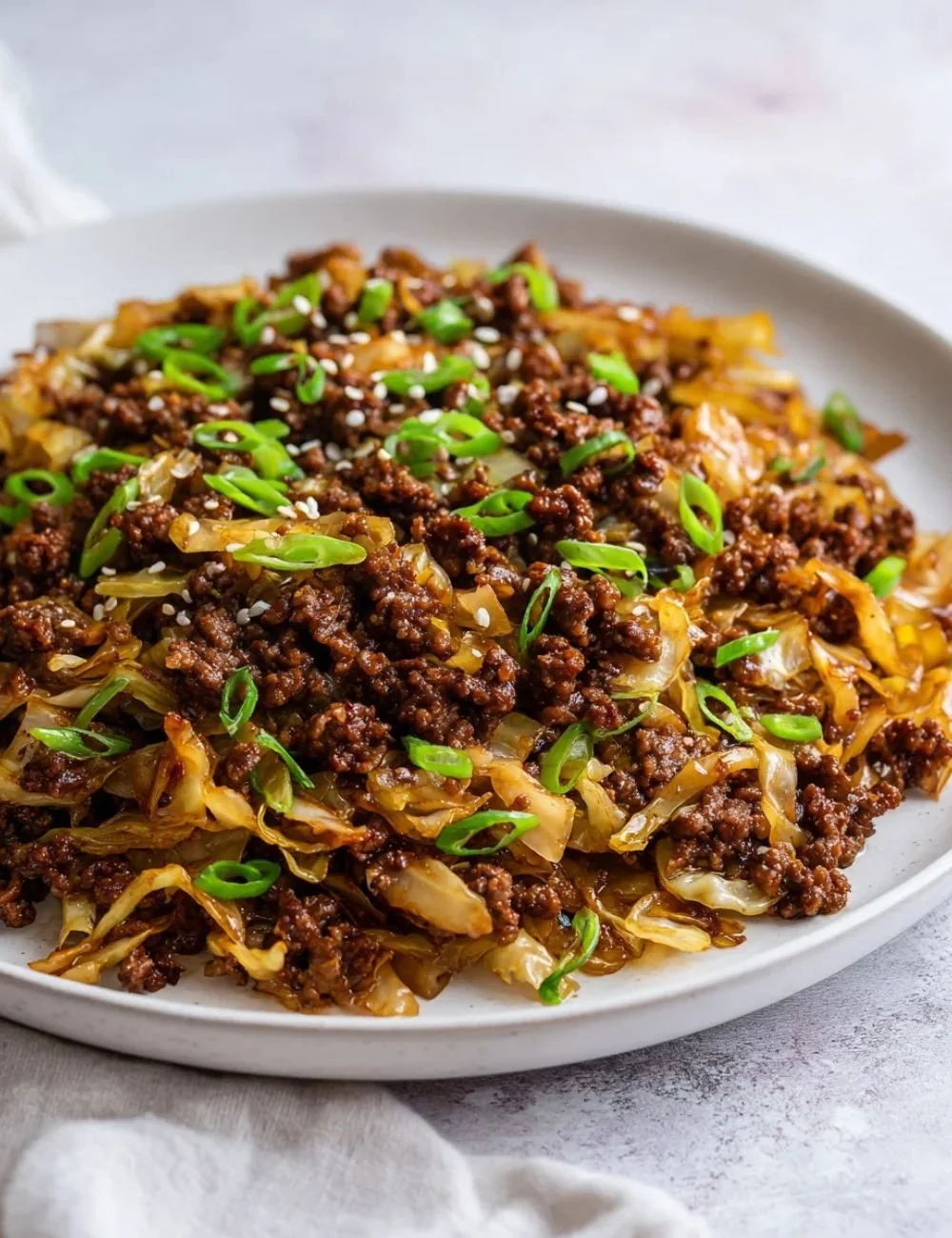 Low Carb Mongolian Ground Beef Cabbage dish served in a bowl