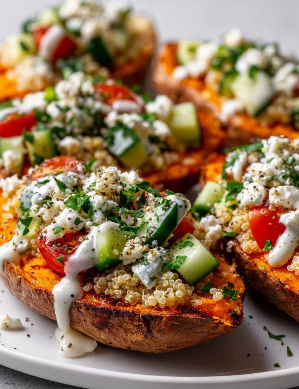 Mediterranean stuffed sweet potatoes filled with vibrant vegetables and spices