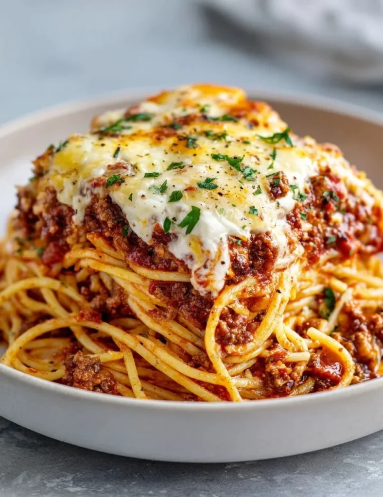Delicious Million Dollar Spaghetti served in a bowl with herbs and cheese.