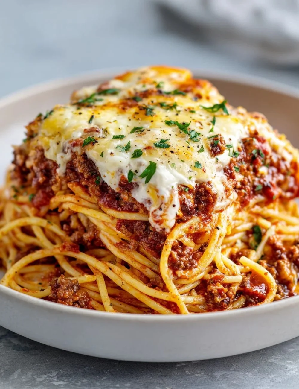 Delicious Million Dollar Spaghetti served in a bowl with herbs and cheese.