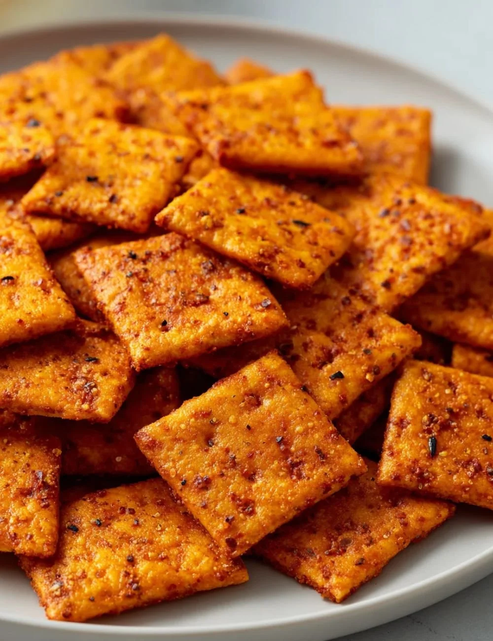 Plate of flavorful taco crackers ready to be served as a snack.