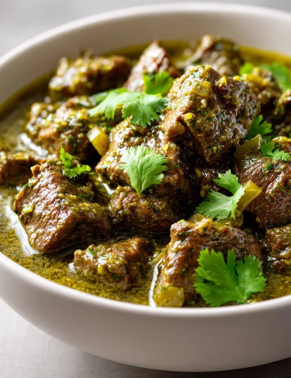 Bowl of Mexican beef green chile served with fresh toppings