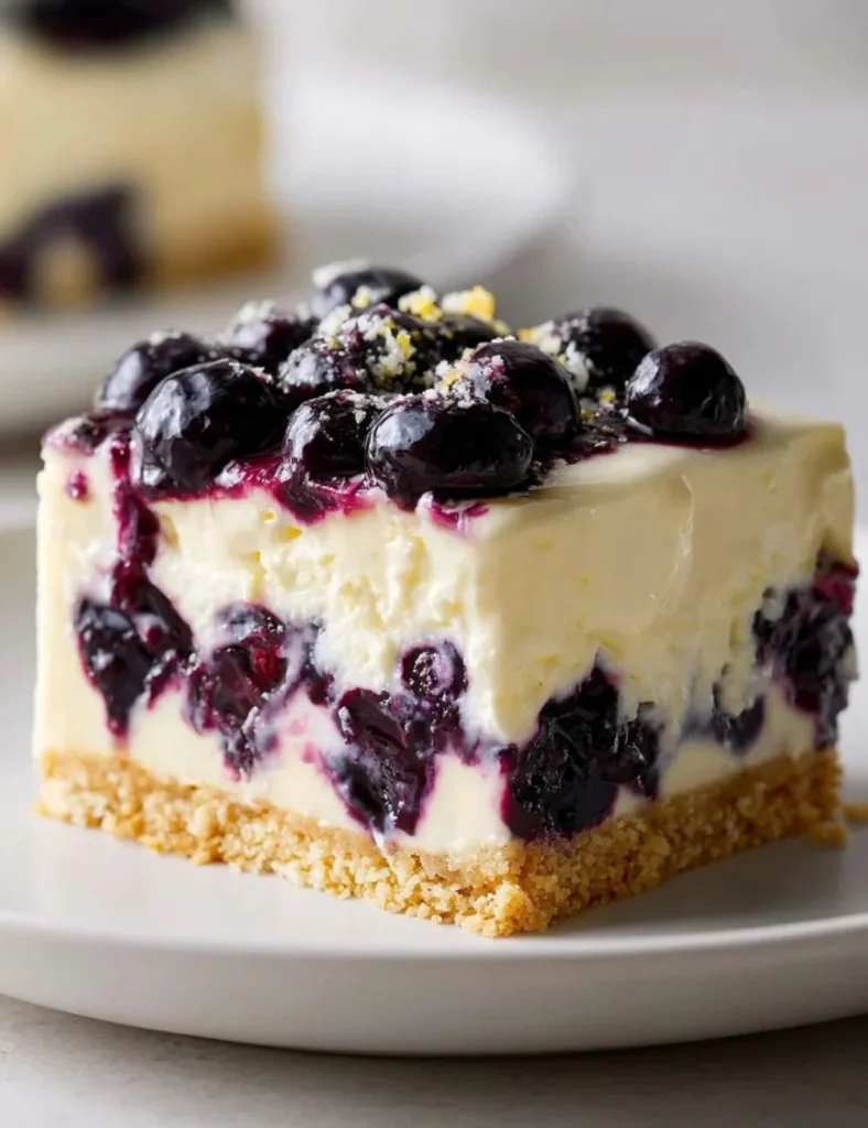 No bake lemon blueberry cake topped with fresh blueberries and lemon zest