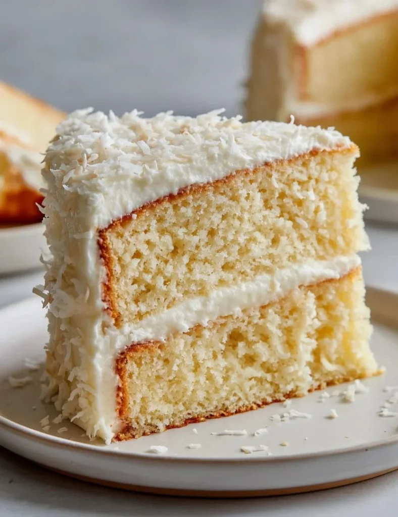 Homemade Old Fashioned Coconut Cake decorated with shredded coconut and icing