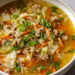 Bowl of delicious one pot beef egg roll soup garnished with green onions